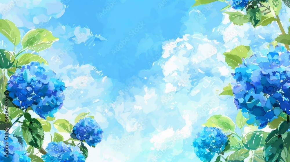 Fototapeta premium watercolor blue hydrangea border frame, sky background, white space in the middle of picture, vector illustration.