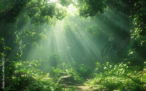 A tranquil forest scene  sunlight filtering through the lush green canopy