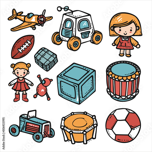 Collection colorful childrens toys game icons. Hand drawn illustrations include airplane, tractor, doll, football, drum, cube, teddy bear. Doodle style kids playthings set, bright primary colors