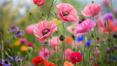 Close-up of poppies and wildflowers in a spring meadow