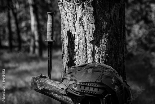 Military assault helmet and tactical knife in the forest on a tree.
Military ammunition, tactical equipment. Soldier's War in Ukraine. Black and white photo photo