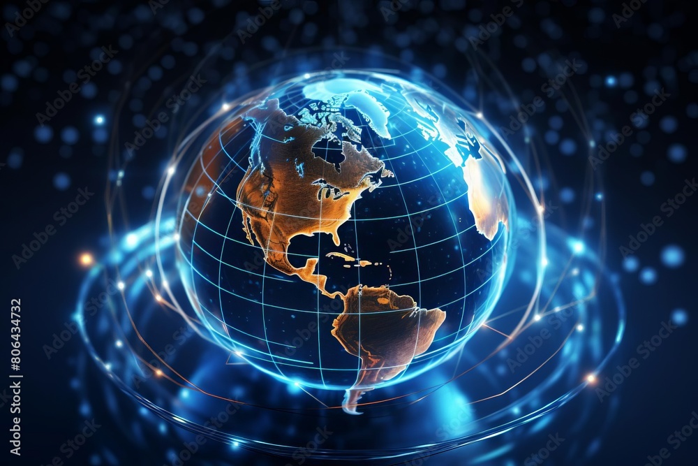 blue and yellow globe with a network of connections surrounding it. It represents the global reach and connectivity of the internet. blue and yellow globe with a network of connections surrounding it. It represents the global reach and connectivity of the internet.
