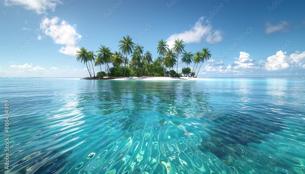 Fototapeta premium A secluded island paradise, fringed by palm trees and kissed by crystal clear waters