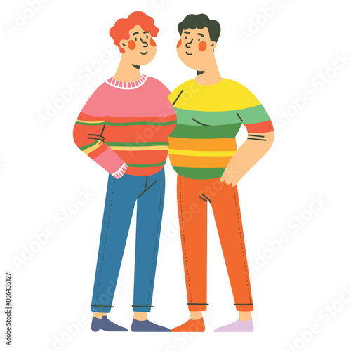 Young couple standing together, smiling male female characters, casual colorful clothing. Happy smiling friends, two people embracing, joyful casual meeting, vibrant colorful attire. Cartoon style