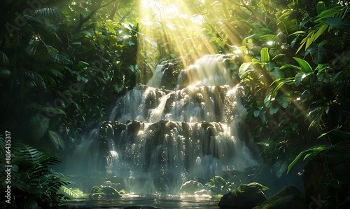 Bright sun rays illuminating a cascading waterfall hidden deep within the jungle