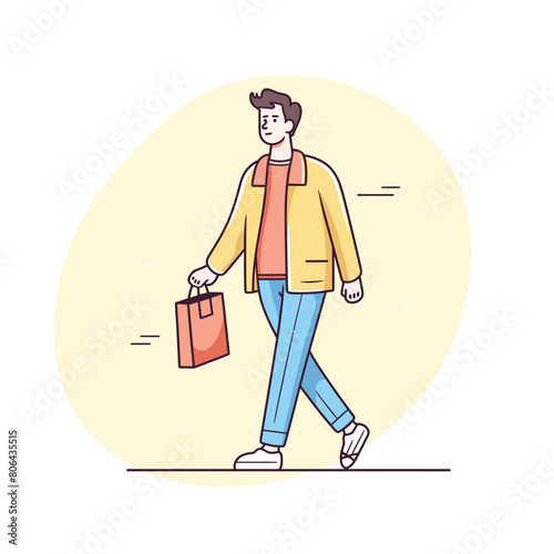 Young man walking casually holding shopping bag, dressed yellow jacket, red shirt, blue jeans, white shoes. Content male shopper strolling purchase, trendy urban fashion style, simple beige