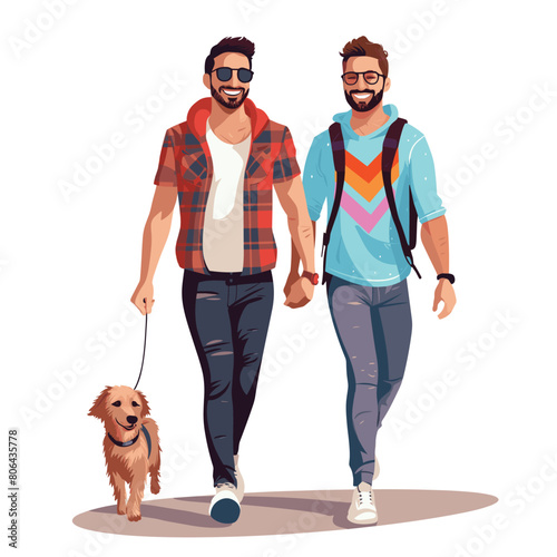 Two men walking dog sunny day casual clothing smiling, gay couple holding hands pet stroll leisure activity, male friends companion animal happiness joyful