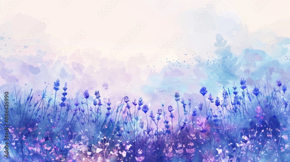 watercolor, purple wildflowers on field, light pastel blue background, dreamy mood. watercolor, purple wildflowers on field, light pastel blue background, dreamy mood.