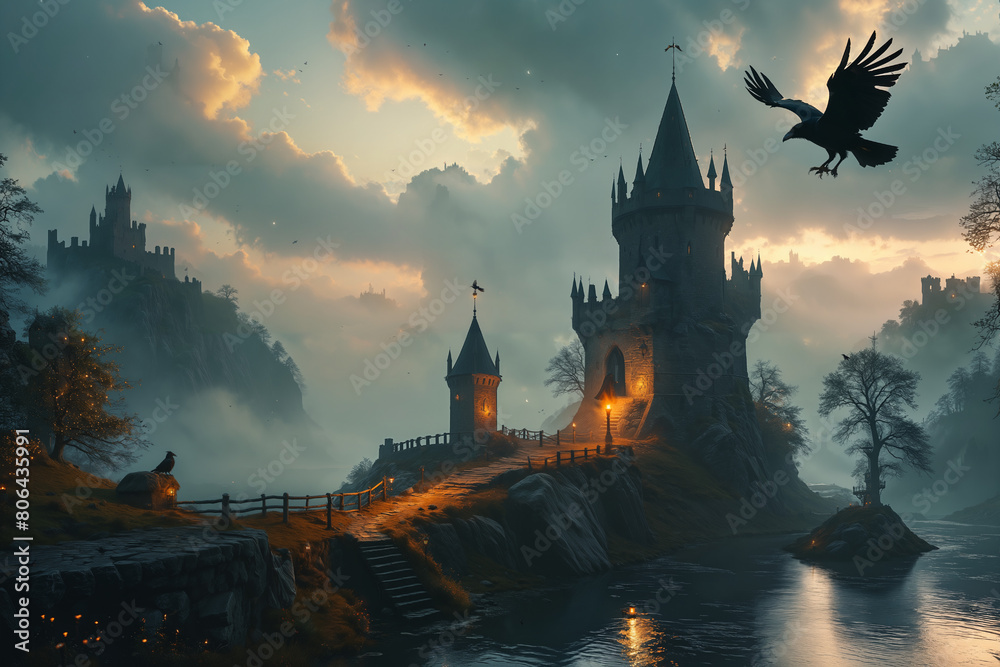 ethereal fantasy concept art of , medieval lighted lookout tower in fantasy style on a hill next to a small river, dark clouds, dense fog, evening atmosphere