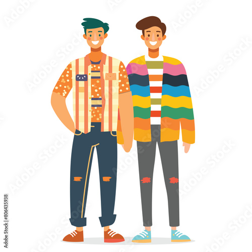 Two young men standing side side, one teal hair, mustard patterned shirt, dark jeans, smiling, brown hair, colorful striped sweater, grey pants. Friends casual fashion, trendy hairstyles, friendly