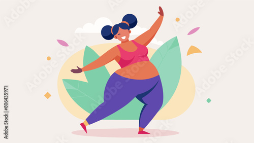A woman confidently flaunting her belly rolls while shaking it off during a fun and inclusive dance routine in a body positive class.. Vector illustration