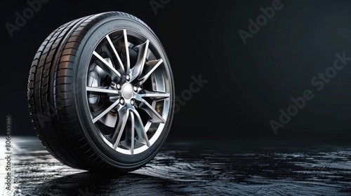 Car wheel Disk with tyre and brakes isolated on black background