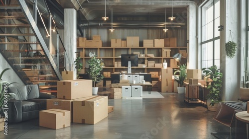 Cardboard boxes and furniture near stairs in office, Moving day