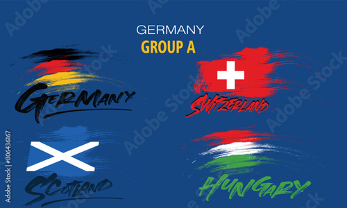 Participants of Group A of European football competition on sport background. painting the flag with brush strokes, group a of european football germany. photo