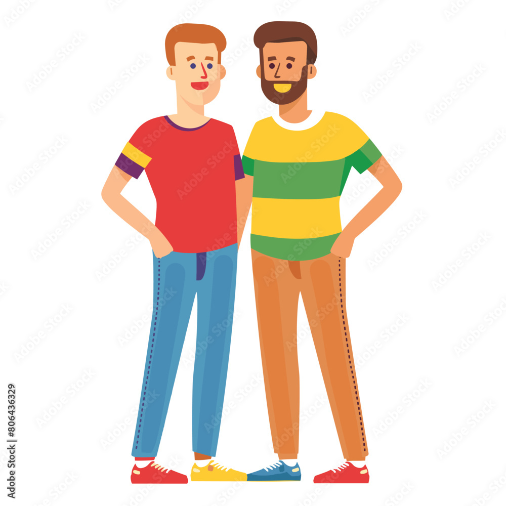 Two men standing together, one has ginger hair beard, both smiling. Casual style, multicolored shirts, jeans, sneakers, friendship concept. Flat style cartoon male characters, young adults, diverse