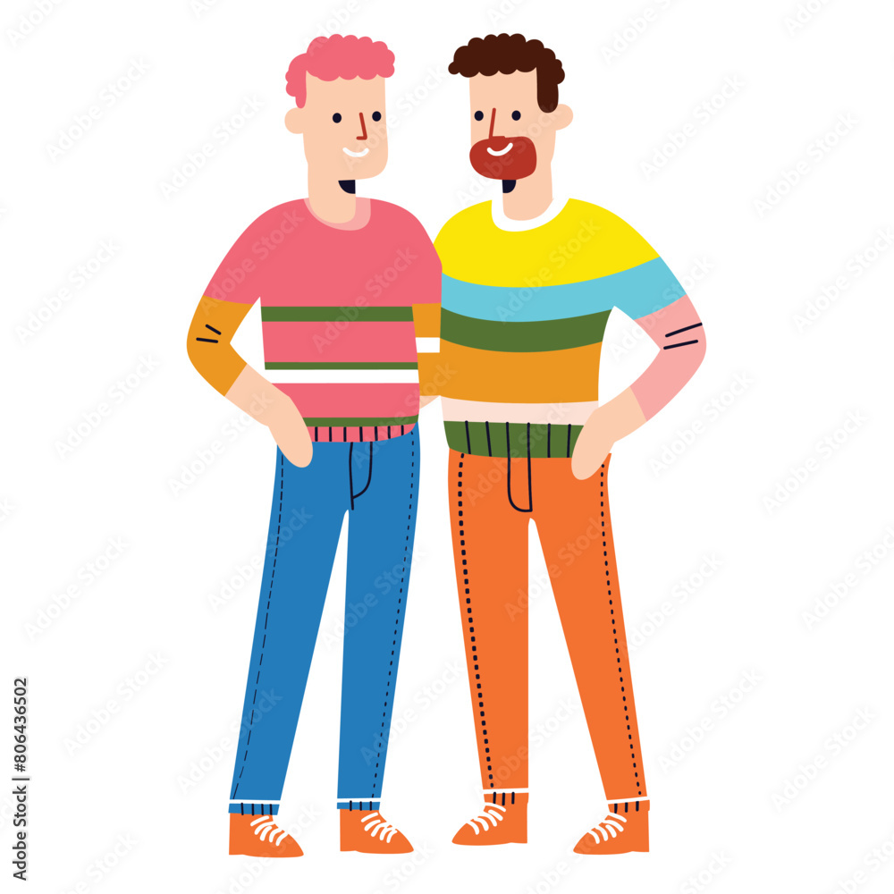 Two men standing side side smiling, one arm around other. Men wearing colorful striped shirts, one pink green, yellow green, casual style, jeans. Happy friendship, cheerful duo, cartoon vector