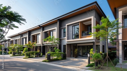 Affordable Townhomes for Rent in Bangna Suburb with Modern Architecture and Lush Greenery © kittipoj