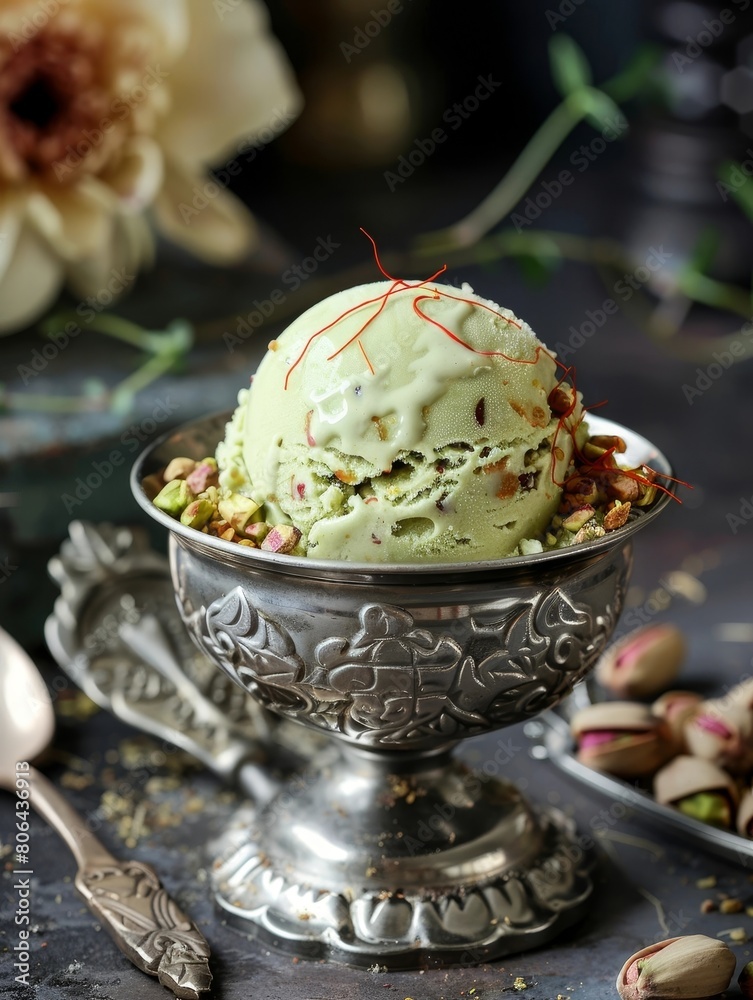 Artisanal Kesar Pista Ice Cream Served in a Gleaming Silver Bowl with Saffron and Pistachio Garnish Artisanal Kesar Pista Ice Cream Served in a Gleaming Silver Bowl with Saffron and Pistachio Garnish