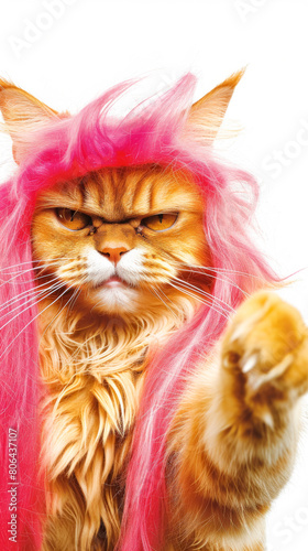 a cat wearing a pink straight wig pointing angrily at the point of view photo