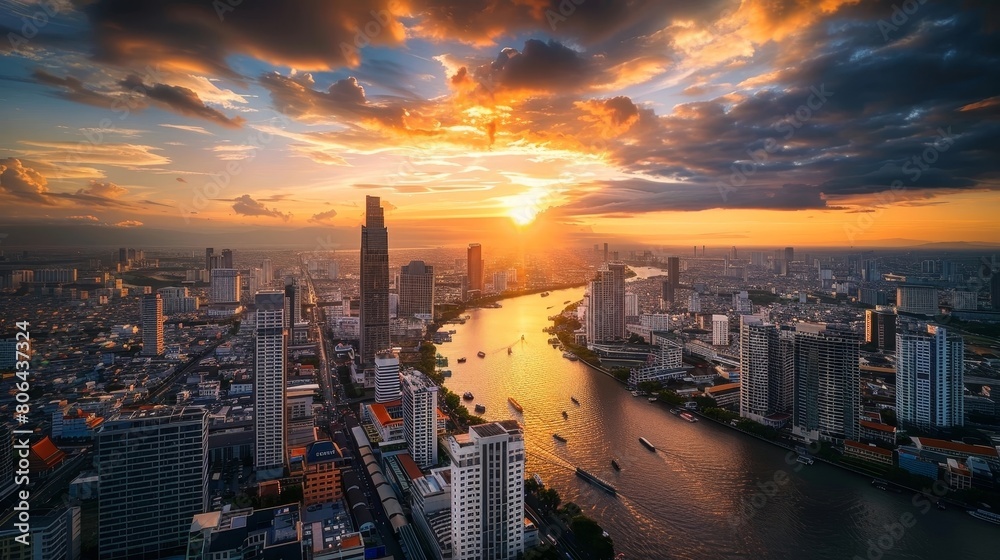Obraz premium Captivating Sunset Cityscape with Towering Skyscrapers and Vibrant River