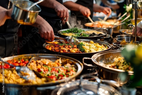 Caterers preparing a mouthwatering spread for a wedding feast,with a variety of delectable dishes arranged on the table to delight and impress the photo
