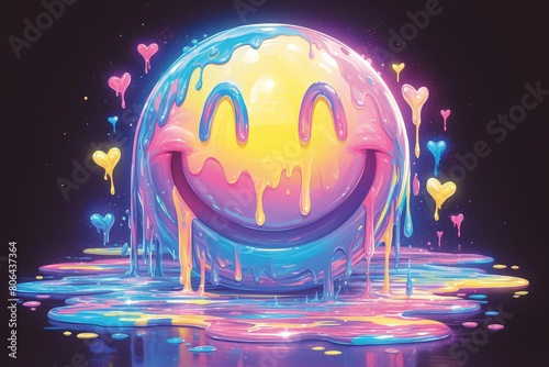 Smiling face melting with colorful, dripping paint on dark background. The happy emoji has its tongue out and is winking eye photo