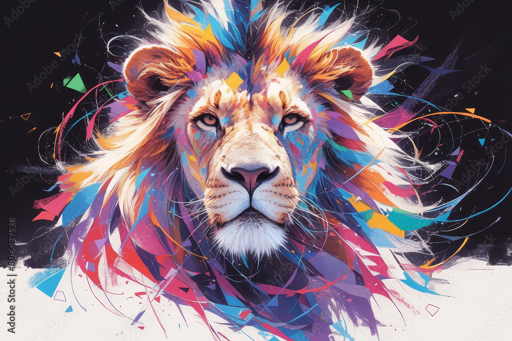 A vibrant and colorful lion portrait, composed of geometric shapes in different colors. 