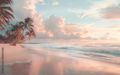 A pristine beach scene  with palm trees swaying gently in the breeze against a pastel sky
