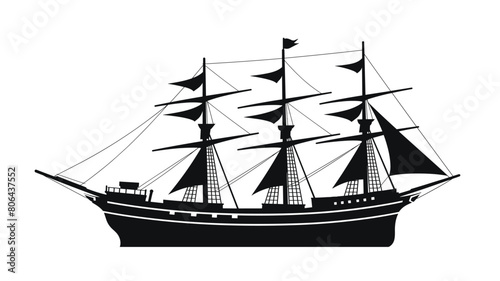 Black silhouette sailing ship three masts sails. Vintage vessel sea ocean maritime transportation. Tall sailboat nautical travel isolated white background
