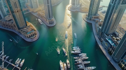 Aerial view on Dubai Marina the most luxury yacht in harbor timelapse. Towers along walking area on a waterfront. Dubai, United Arab Emirates photo
