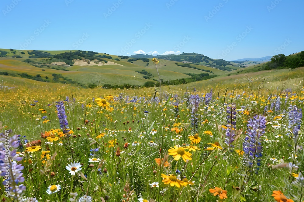 A radiant summer day, wildflowers blooming amidst rolling hills under a clear blue sky