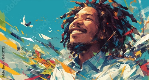 A vibrant vector illustration of Rasta, with dreadlocks and beard, surrounded by psychedelic patterns and colors.  photo