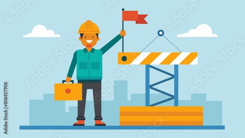 A worker standing on a platform using hand signals and a flag to communicate with the crane operator and guide the load to its destination.. Vector illustration