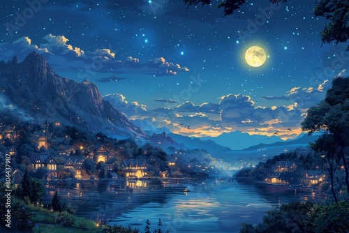 Enchanting Mountain Lake Town Under Moonlit Night Sky with Glimmering Reflection © kittipoj