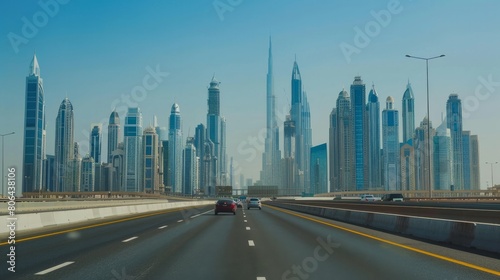 Dubai skyline with beautiful city close to it's busiest highway on traffic photo