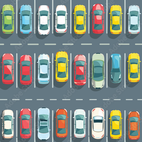 Overhead view colorful parked cars parking lot illustration. Rows vehicles arranged neatly, different colors, birds eye view graphic. Top cars parking area, vibrant colors, organized parking, flat