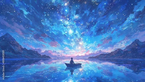 A man in a boat, with a sea of stars background, a sky full of many galaxies, a small person on an old wooden rowboat sailing across calm waters at night,