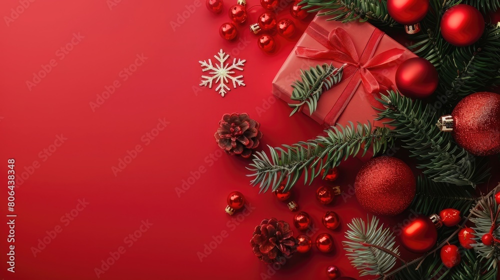 Christmas composition, Gift box, christmas decorations on red background, Flat lay, top view, copy space, aesthetic look