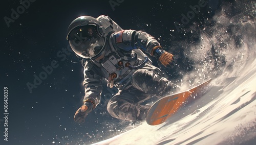 A photograph of an astronaut snowboarding against a dark background, with dust particles flying around. 