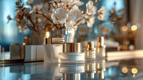 Reflecting Beauty: Luxury Skincare Cosmetics on Dressing Table Mirror Surface - Stunning Cosmetics Banner