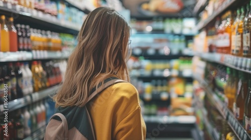 Beautiful Woman Looking at the Products on Shelves in the Supermarket (Copy Space)