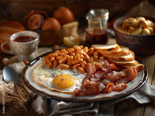 Hearty English Breakfast Spread Showcasing Variety of Traditional Morning Fare on Rustic Wooden Table Setting