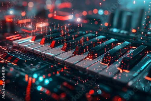 Futuristic piano keys set in a high-tech circuit board, lit by red digital lights, blending music with technology photo