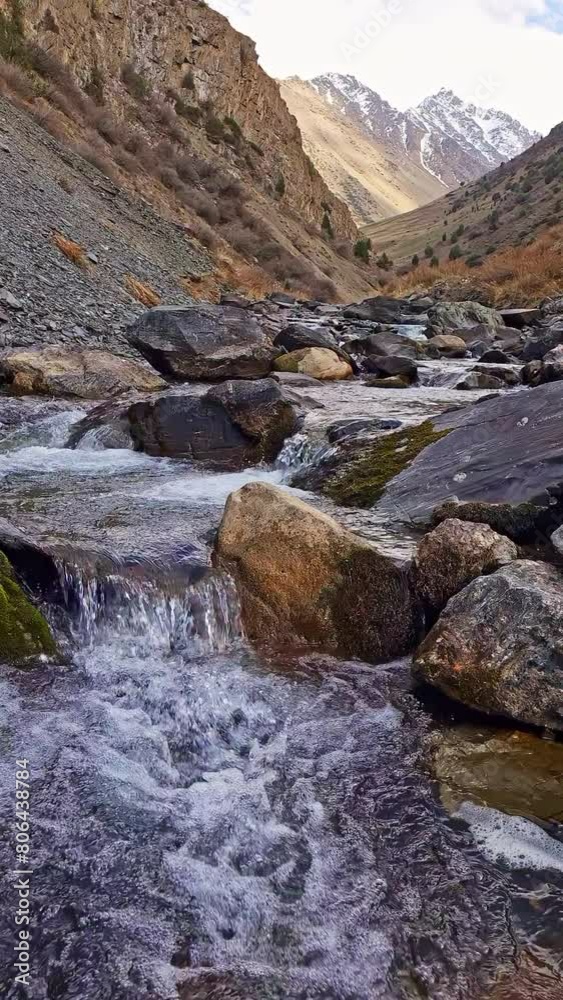 mountain river with snow covered peaks in the background at spring evening. mountain river with snow covered peaks in the background at spring evening.