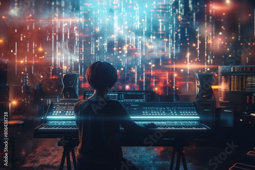 A music producer in a high-tech studio with neon cityscape lights and advanced digital interfaces