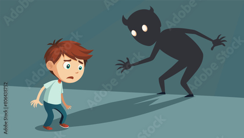 A boy tries to catch his shadow on the ground but it evades his grasp and transforms into a terrifying looming figure that seems to mock him..