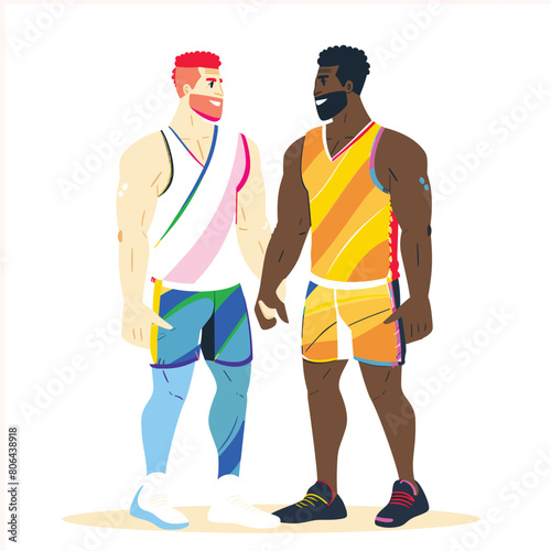 Two muscular athletes stand side side, one Caucasian red hair, wearing white tank top blue shorts, African American beard, yellow tank top orange shorts. Smiling, displaying