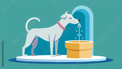 A graceful pointer dog delicately sips from the spout of a stylish ceramic fountain droplets of water glistening in its fur.. Vector illustration