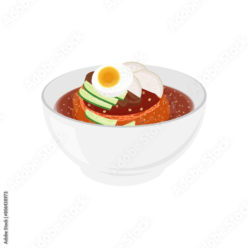 Vector illustration logo Korean cold noodles bibim naengmyeon on a bowl