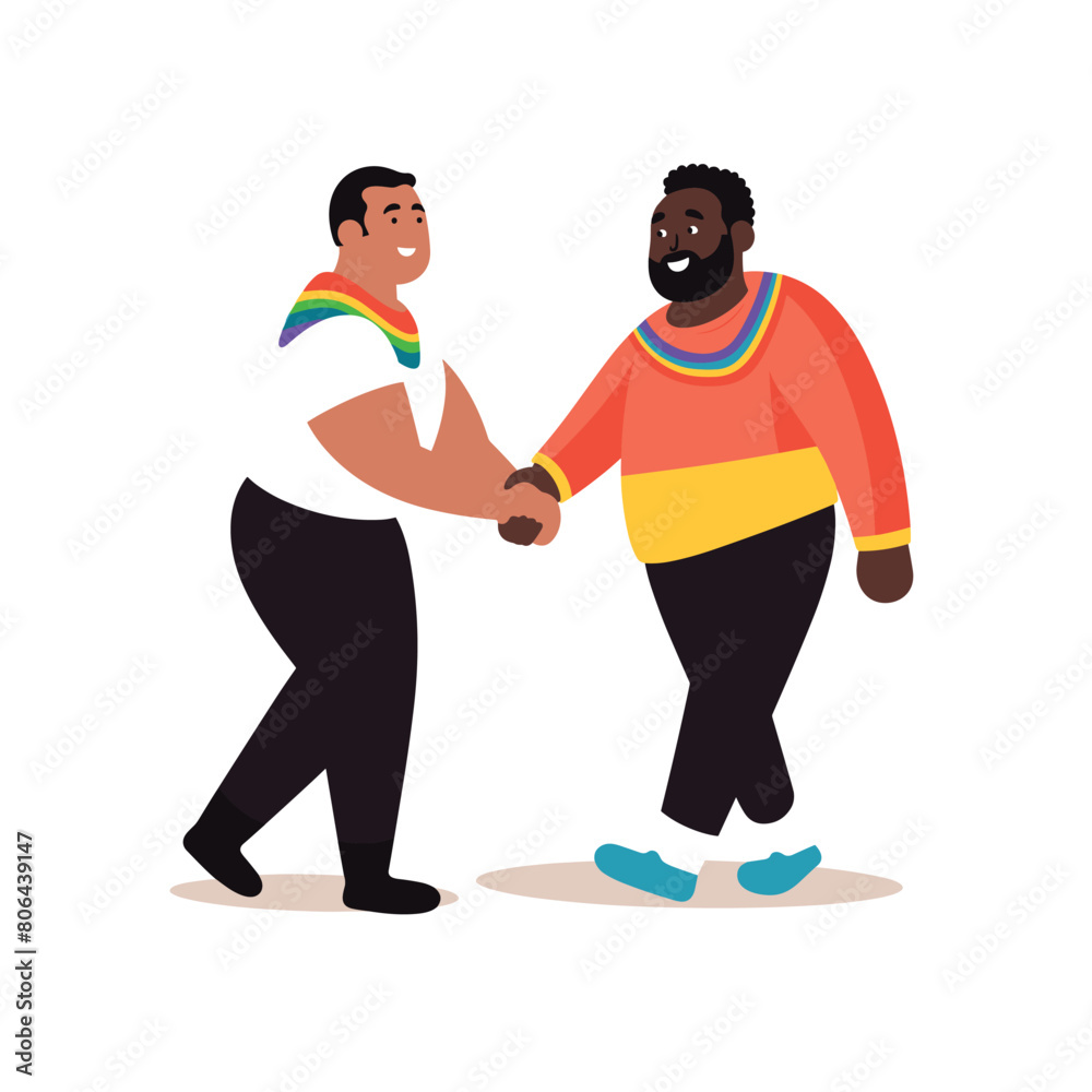 Two men engaging friendly handshake, one wearing rainbow scarf, Caucasian African descent, diverse friendship, casual attire, smiling faces, standing pose, LGBT ally, solidarity concept, clear Two men engaging friendly handshake, one wearing rainbow scarf, Caucasian African descent, diverse friendship, casual attire, smiling faces, standing pose, LGBT ally, solidarity concept, clear
